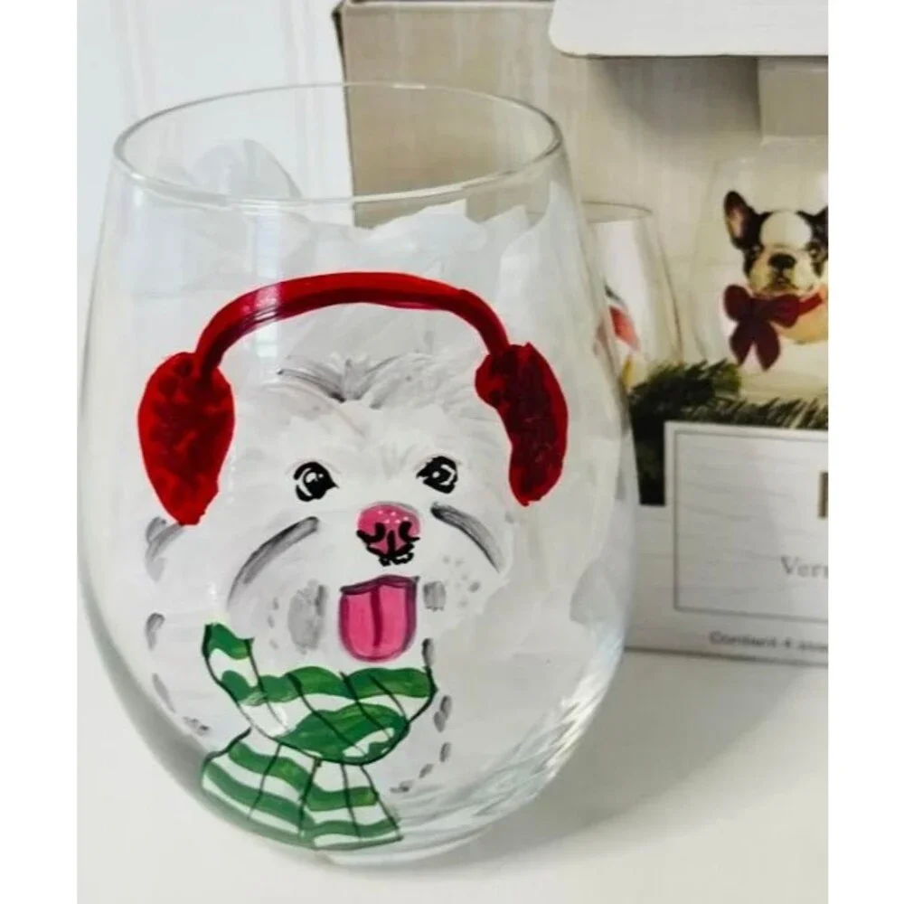 Pier 1 Set Of 4 Christmas Holiday Dogs Stemless Wine Glasses Handpainted NEW